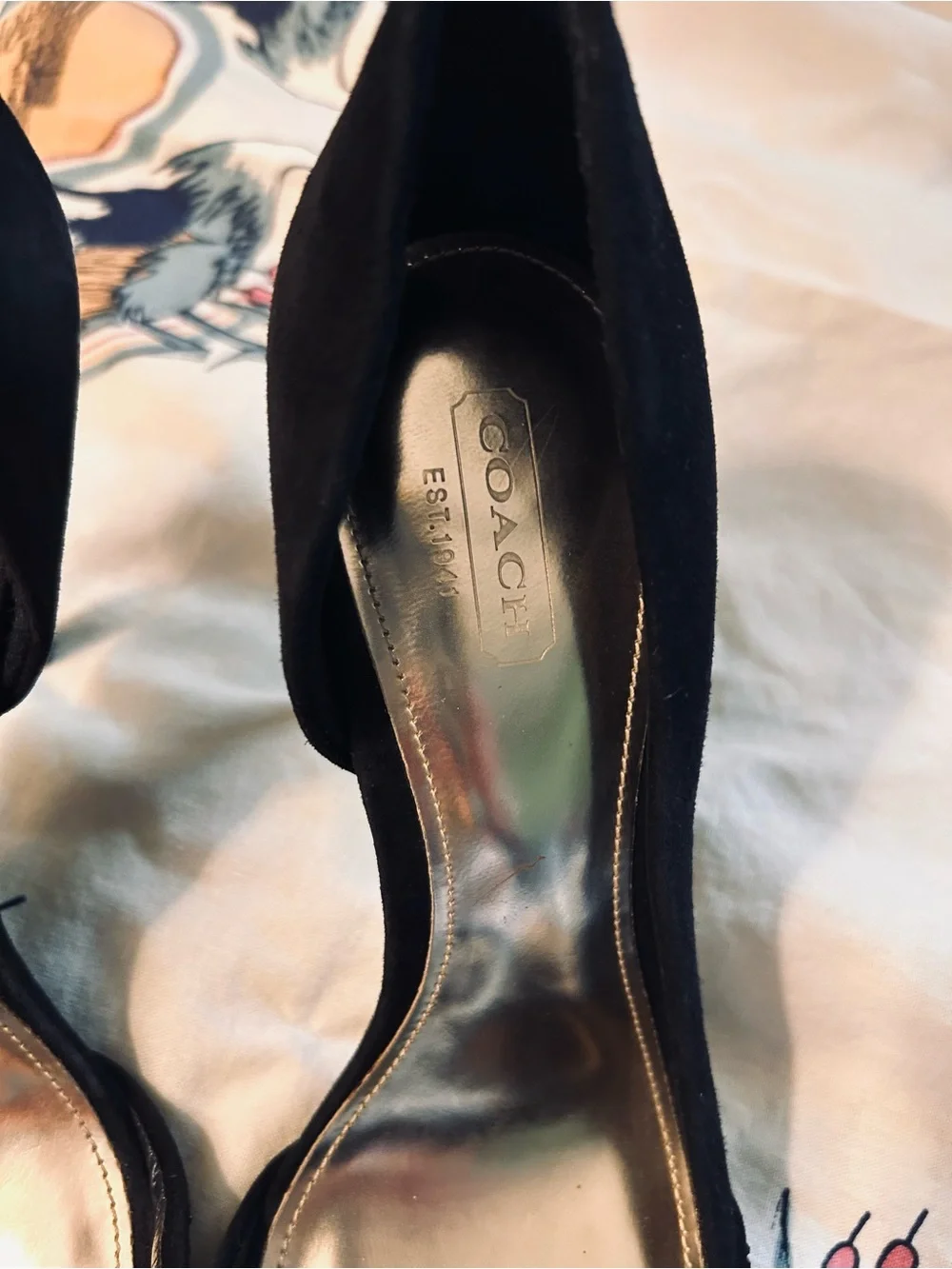 Coach Black Suede Open-Toe Heels with Sparkle Toe Strap